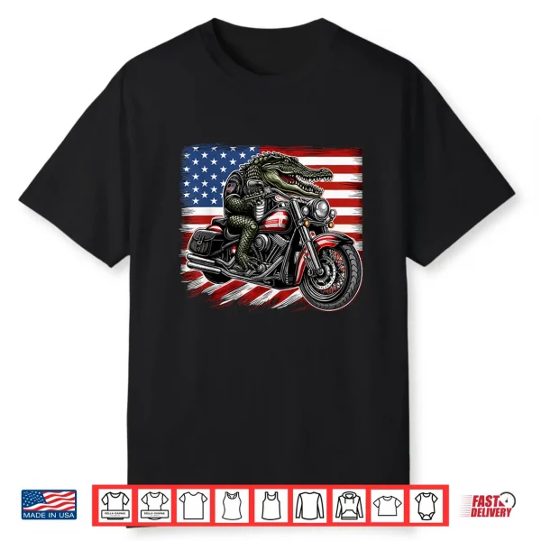 Patriotic American Alligator Riding Motorcycle 4Th Of July Shirt