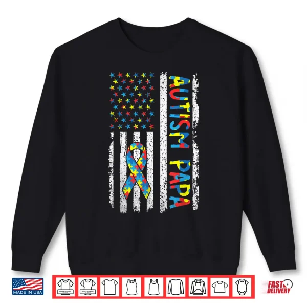 Sweatshirt Autism Awareness Papa USA American Flag Puzzle Fathers Day Shirt