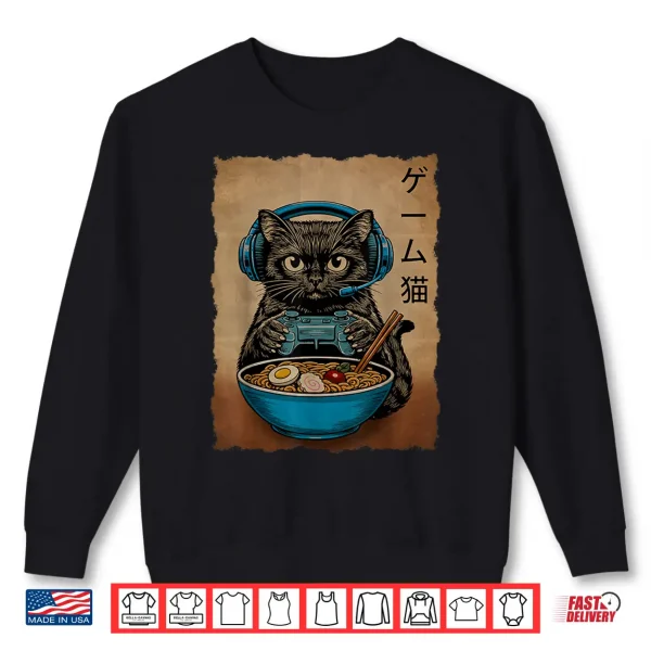 Sweatshirt Gamer Cat Funny Graphic Japanese Ramen Kawaii Cat Gaming Shirt