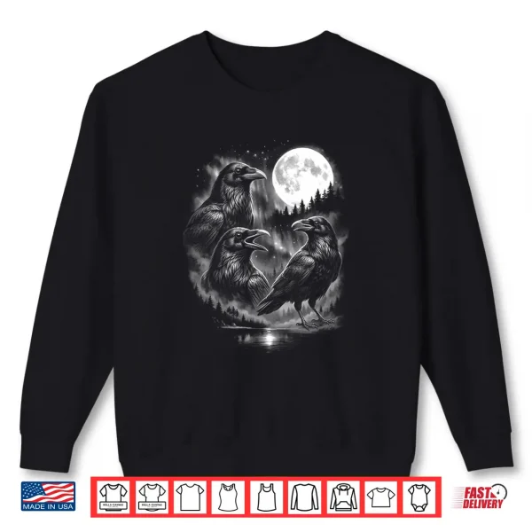 Sweatshirt Three Black Bird Crow Howling Moon Vintage Graphic Shirt