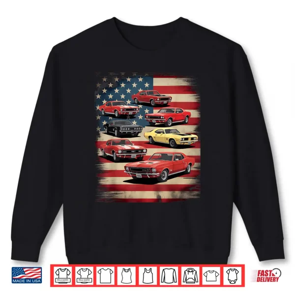 Sweatshirt Vintage Classic Muscle Car Retro American Flag Patriotic Shirt