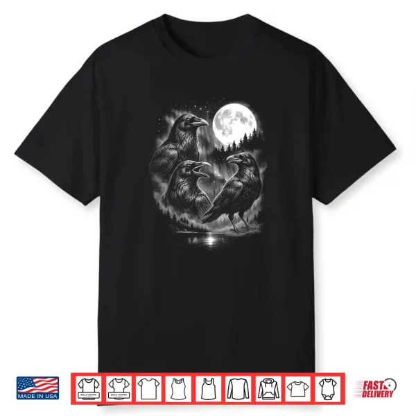Three Black Bird Crow Howling Moon Vintage Graphic Shirt