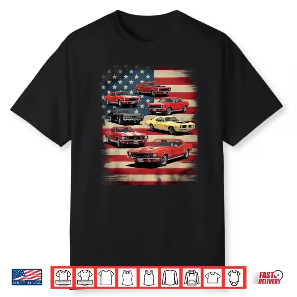 Vintage Classic Muscle Car Retro American Flag Patriotic Shirt