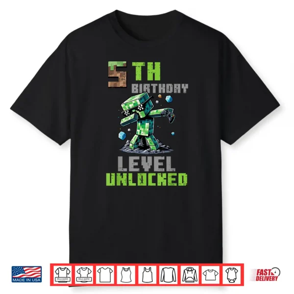 5Th Birthday Level Unlocked Pixel Dab 5 Bday Gamer Boys Kids Shirt