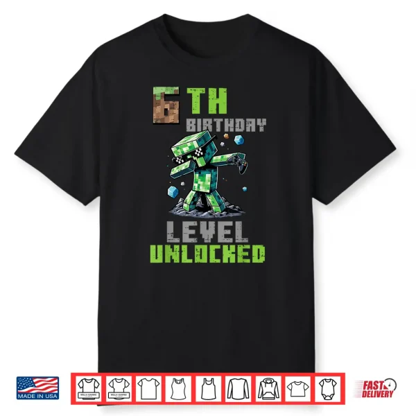 6Th Birthday Level Unlocked Pixel Dab 6 Bday Gamer Boys Kids Shirt