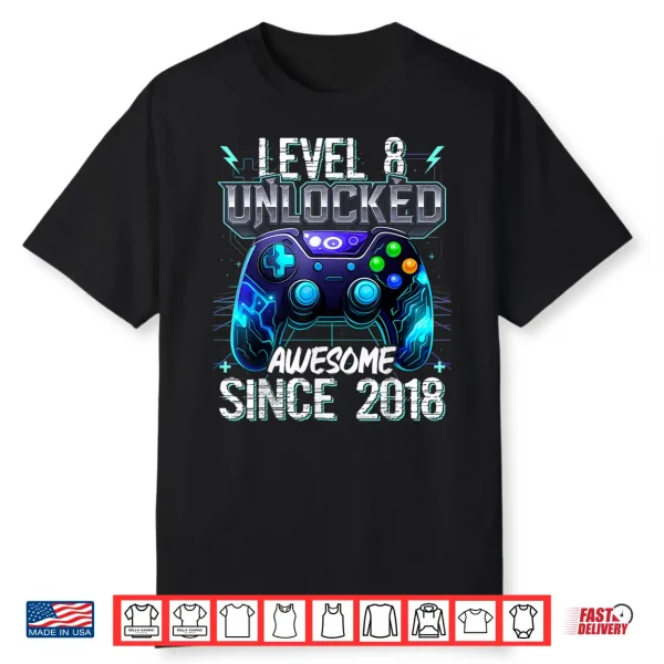 8Th Birthday Boy Level 8 Gamer 8 Year Video Game Party Shirt