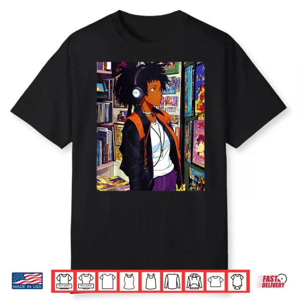 Anime Black Girl Lofi Music 90S Retro Afro Cartoon Shirt