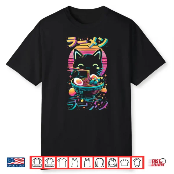 Anime Cat Eating Ramen Retro Kawaii Ramen Cat Shirt