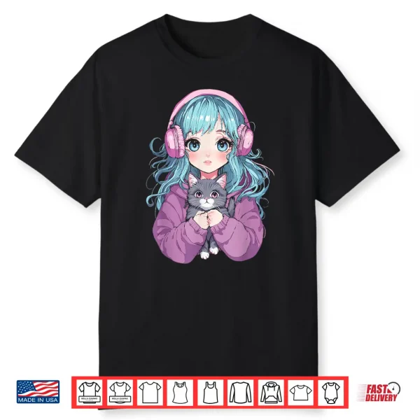 Anime Girl Cat Japanese Kawaii Teens Girls Shirt