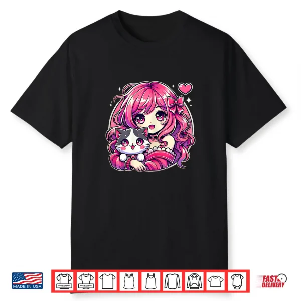 Anime Girl And Cat Kawaii Manga Girl Shirt