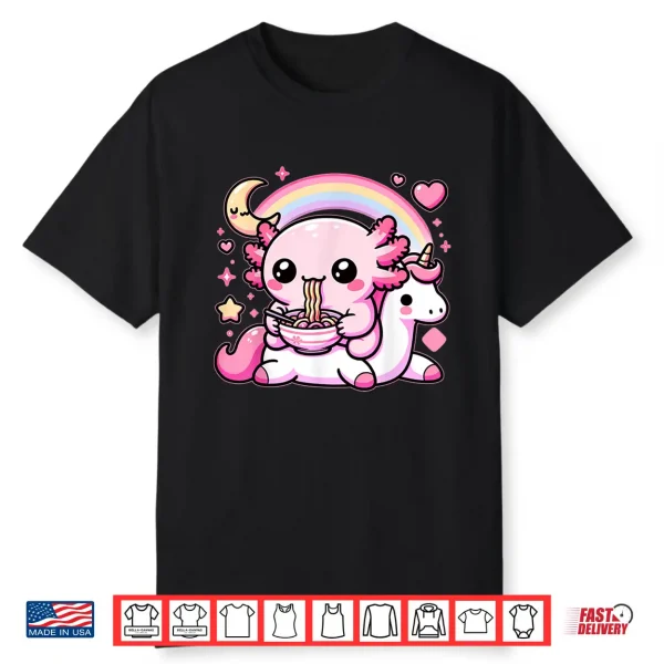 Anime Kawaii Axolotl Eating Ramen Noodles Kids Teen Girl Boy Shirt