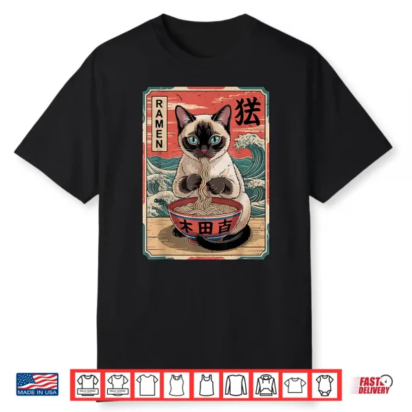 Anime Siamese Cat Eating Ramen Noodle Funny Mom Dad Toddler Shirt