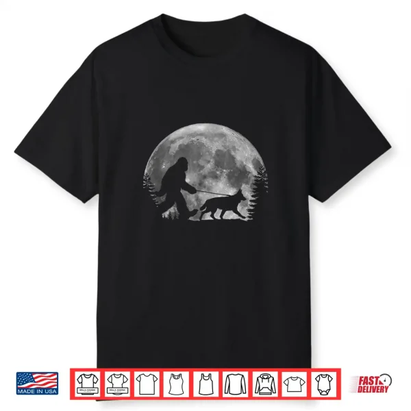 Bigfoot Walking A Dog Funny German Shepherd Moon Halloween Shirt