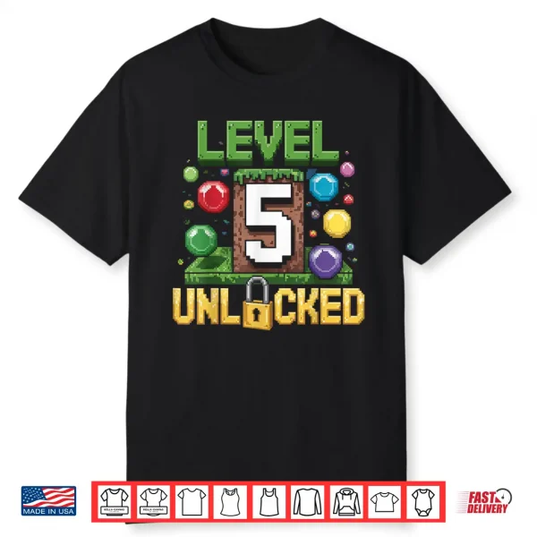 Birthday Boy Shirt Level 5 Unlocked 5Th Birthday Game Pixel Shirt