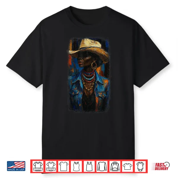 Black Afro American Cowgirl With Cowboy Hat Painting Shirt