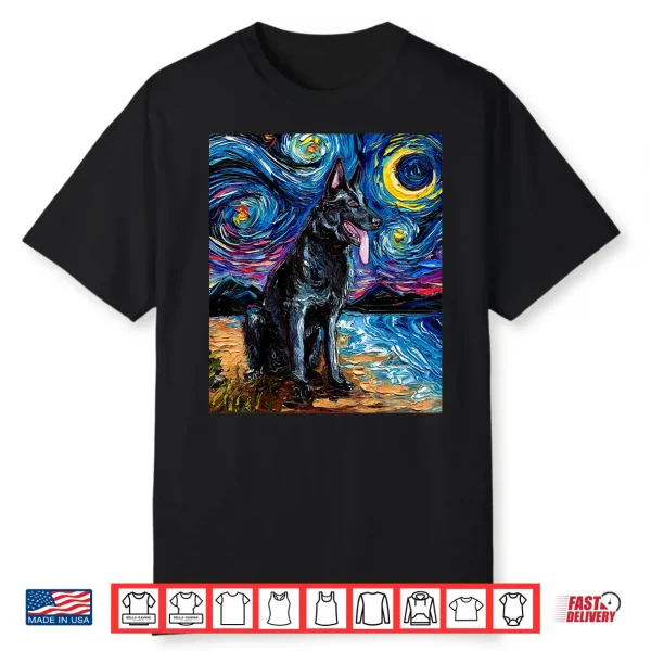 Black German Shepherd Starry Night Dog And Moon Art By Aja Shirt