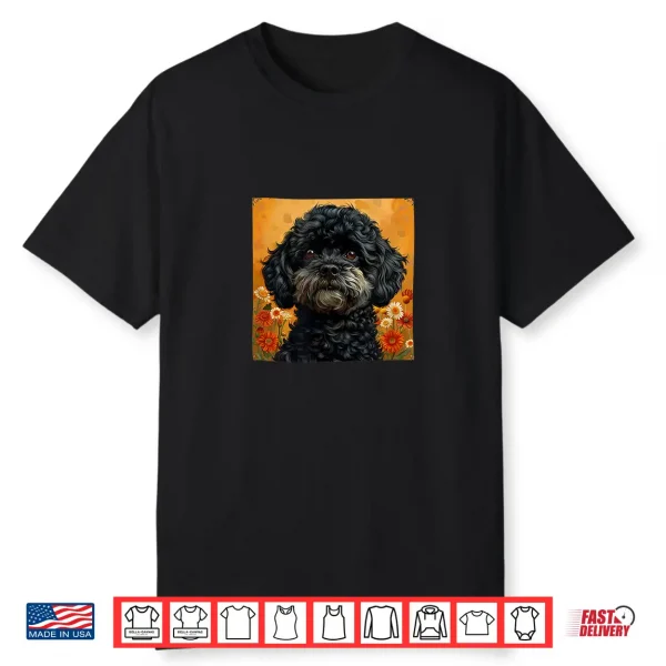Black Poodle With Flowers Around Boho Style Graphic Shirt