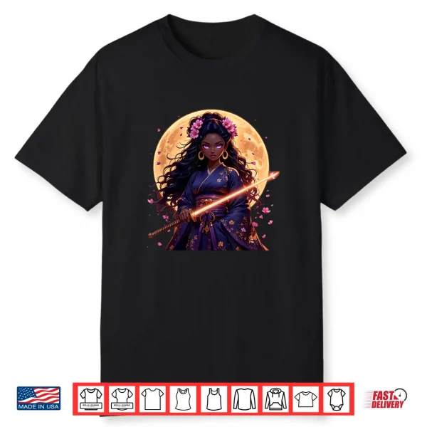 Black Woman Japanese Anime Samurai Girl Black Cat Shirt