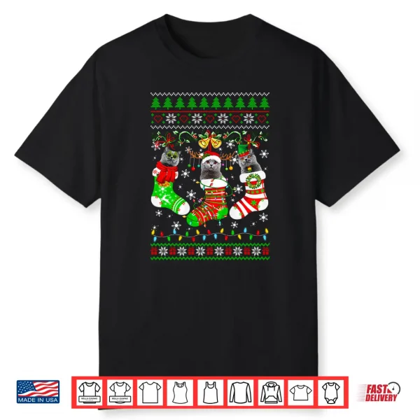 British Shorthair Cat Christmas Lights Socks Matching Family Shirt
