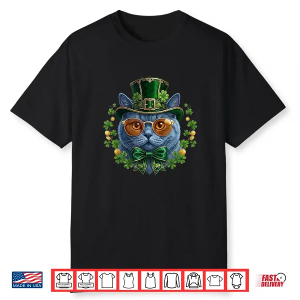 British Shorthair Cat Leprechaun Hat Glasses St Patricks Day Shirt