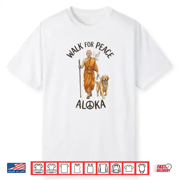 Buddhist Monk Walk For Peace Aloka Line Art Dove Dog Shirt