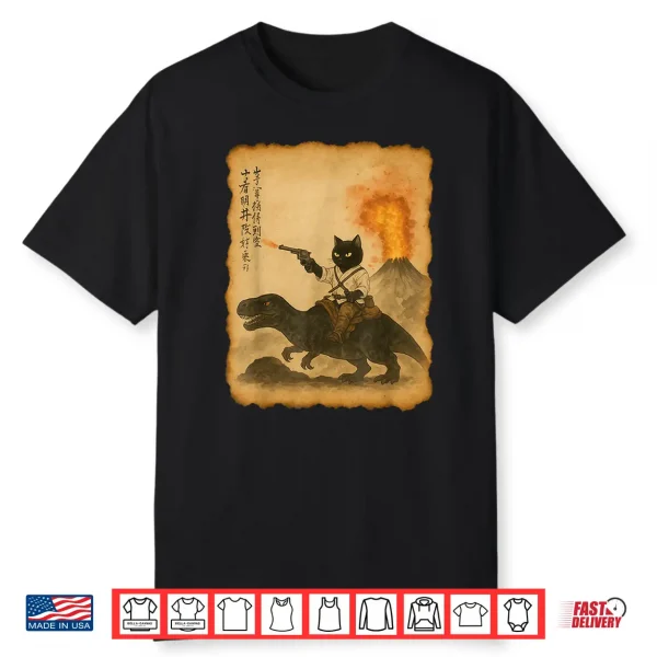 Calligraphy Cat Dinosaur Volcanic Eruption Unisex Anime Cat Shirt
