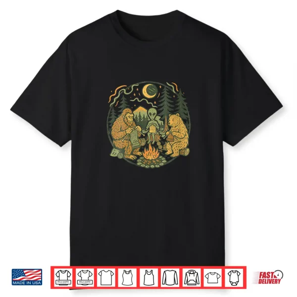 Campfire Knitting Friends Retro Bigfoot Alien Bear Knitting Shirt