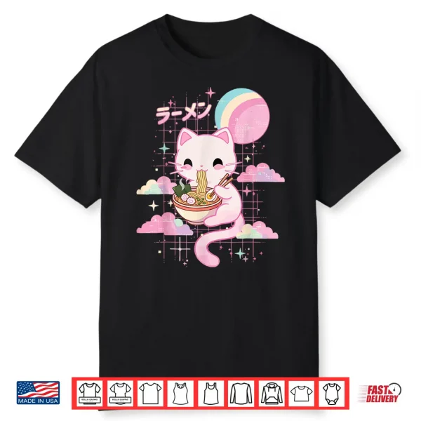 Cat Eating Ramen Kawaii Pink Anime Shirt