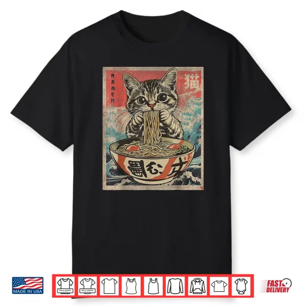 Cat Eating Ramen Noodles Kawaii Anime Manga Japanese Food Shirt