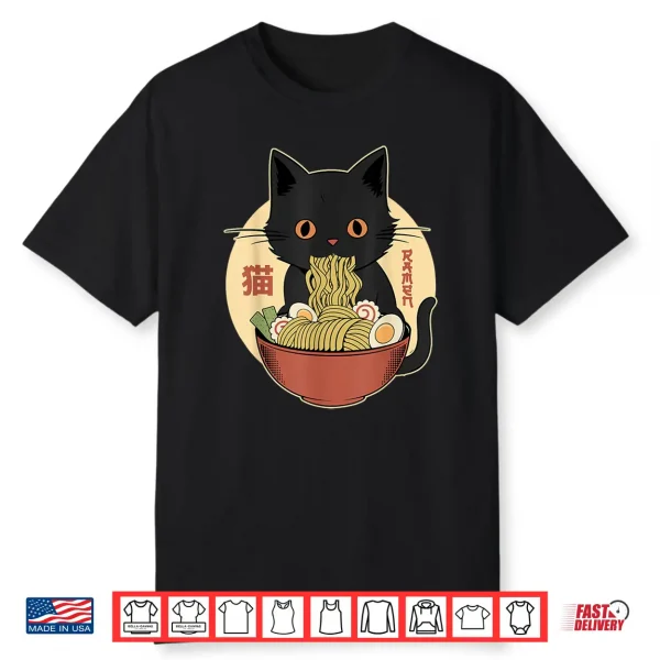 Cat Ramen Funny Graphic Tees Japanese Kawaii Cat Anime Shirt
