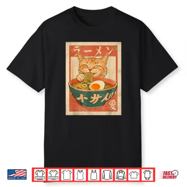 Cat Ramen Funny Japanese Vintage Graphic Tee Kawaii Anime Shirt