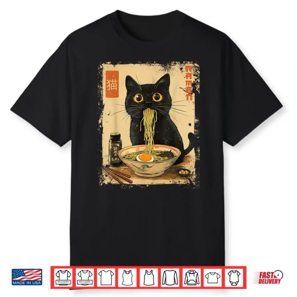 Cat Ramen Japanese Funny Graphic Tees Kawaii Cat Anime Gifts Shirt