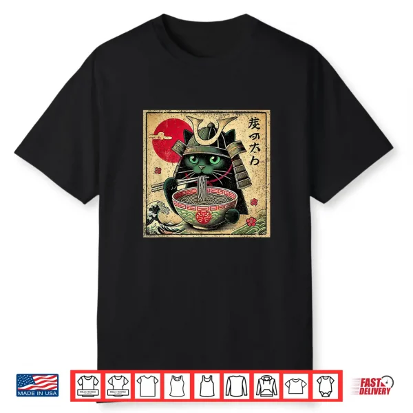 Cat Ramen Japanese Funny Samurai Kawaii Cat Anime Girls Boys Shirt