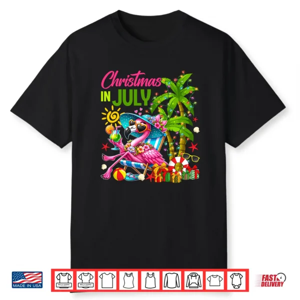 Christmas In July Flamingo Drinking Cocktail Summer Women Shirt