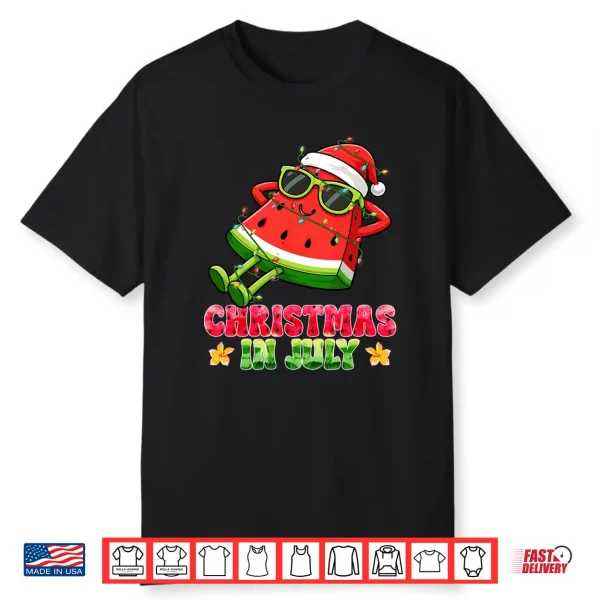 Christmas In July Funny Watermelon Santa Hat Summer Vacation Shirt