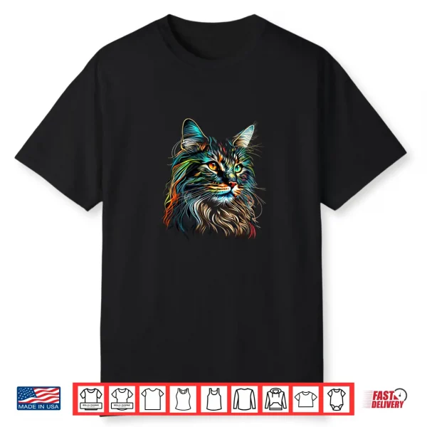 Colorful Maine Coon Cat Face Art Beautiful Cats Black Shirt