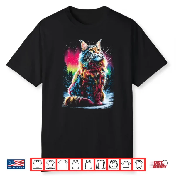 Colorful Maine Coon Cat Aurora Borealis Winter Season Forest Shirt