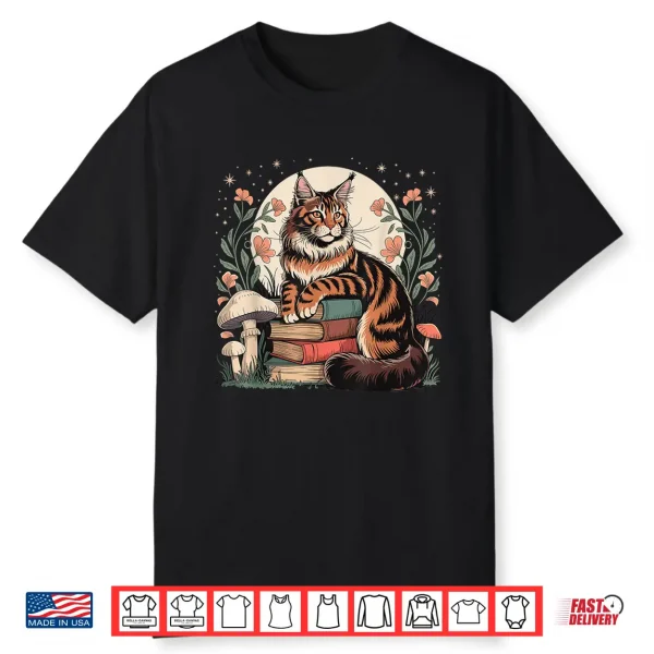 Cottagecore Maine Coon Cat & Books Reader Whimsical Art Shirt