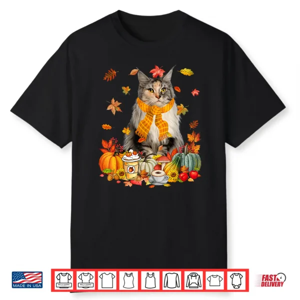 Cup Of Coffe Maine Coon Cat Pumpkins Fall Vibes Thanksgiving Shirt