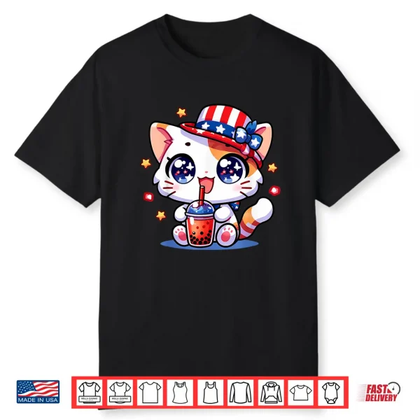 Cute 4Th Of July Cat Shirt Girls Kids Kawaii Anime Boba Tea Shirt
