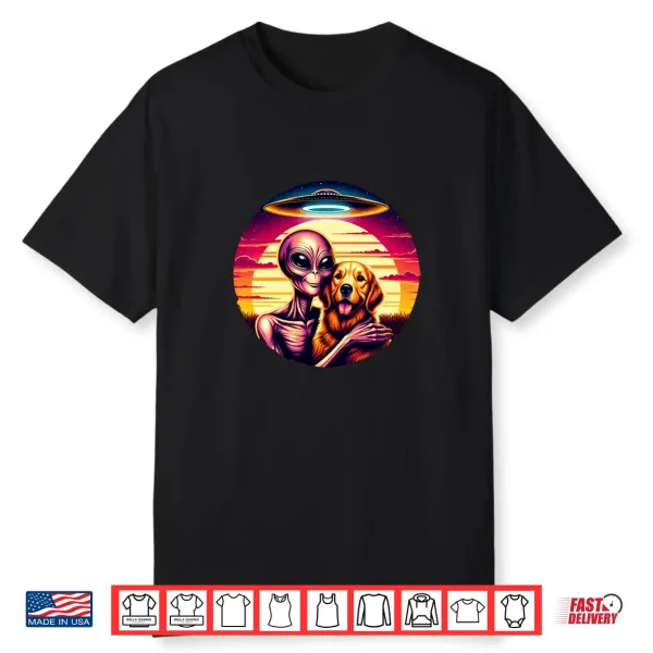 Cute Alien Golden Retriever Friendship Funny Vintage Ufo Shirt