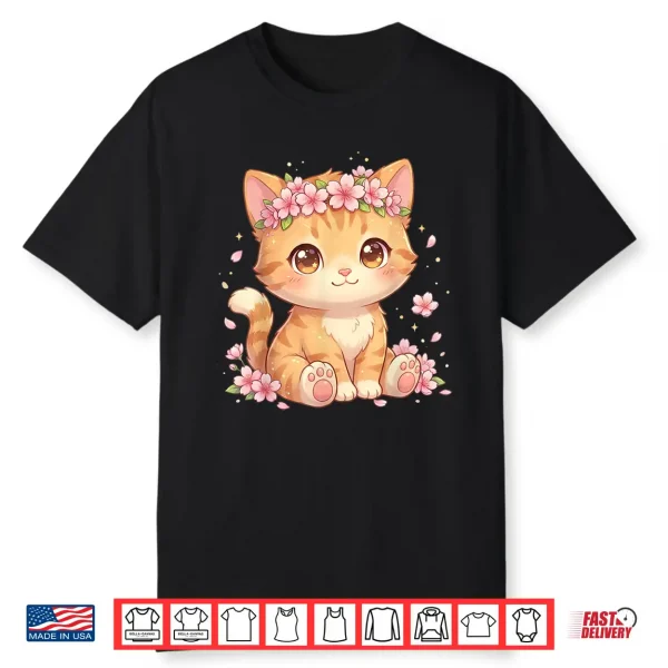 Cute Anime Cat With Cherry Blossoms Flower Kids Girls Boys Shirt