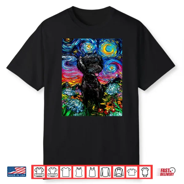 Cute Black Poodle And Flowers Starry Night Dog Art By Aja Shirt