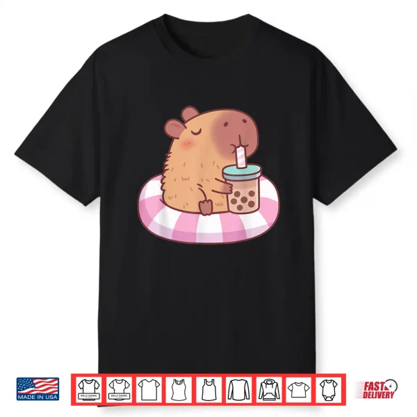 Cute Capybara On Pool Float Drinking Bubble Tea Lover Girls Shirt