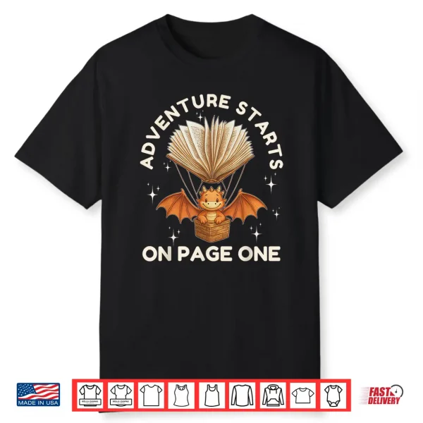 Cute Dragon Book Hot Air Balloon Adventure Fantasy Reading Shirt