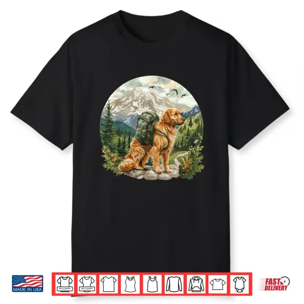 Cute Golden Retriever Dog Backpacking Mountain Forest Hiking Shirt