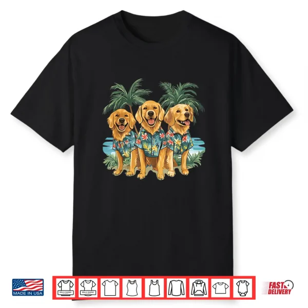 Cute Golden Retriever Dogs Hawaiian Tops Palm Trees Ocean Shirt