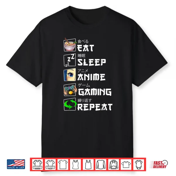 Cute Japanese Eat Sleep Anime Gaming Repeat Manga Shirt