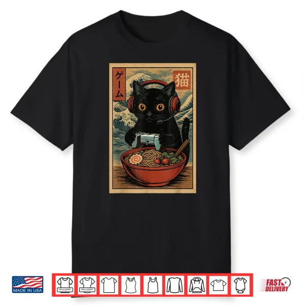 Cute Kawaii Gamer Cat Funny Ramen Retro Japanese Cat Gaming Shirt