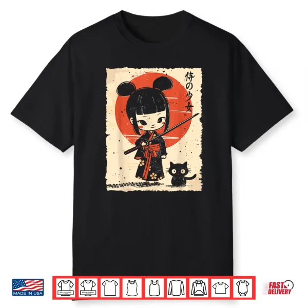 Cute Kawaii Samurai Girl With Katana & Cat Japanese Anime Shirt